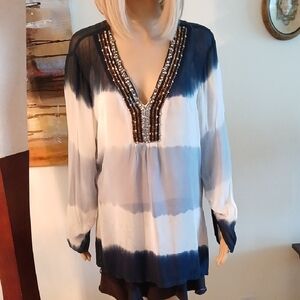 Michael Kors Blue and White Blouse with Gold Accents